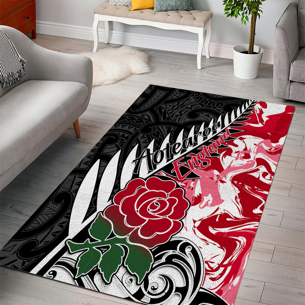 New Zealand and England Rugby Area Rug Silver Fern With Red Rose World Cup 2023 LT01 - Polynesian Pride