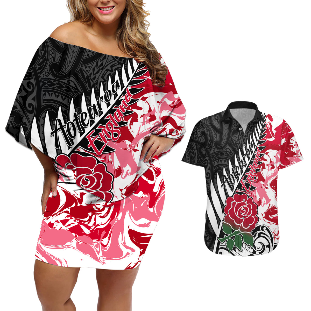 Custom New Zealand and England Rugby Couples Matching Off Shoulder Short Dress and Hawaiian Shirt Silver Fern With Red Rose World Cup 2023 LT01 Art - Polynesian Pride