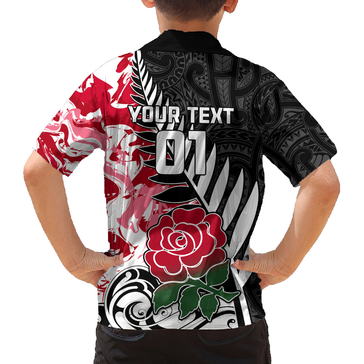 Custom New Zealand and England Rugby Family Matching Off Shoulder Maxi Dress and Hawaiian Shirt Silver Fern With Red Rose World Cup 2023 LT01 - Polynesian Pride