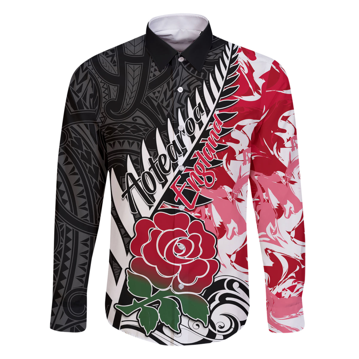 Custom New Zealand and England Rugby Family Matching Short Sleeve Bodycon Dress and Hawaiian Shirt Silver Fern With Red Rose World Cup 2023 LT01 Dad's Shirt - Long Sleeve Art - Polynesian Pride