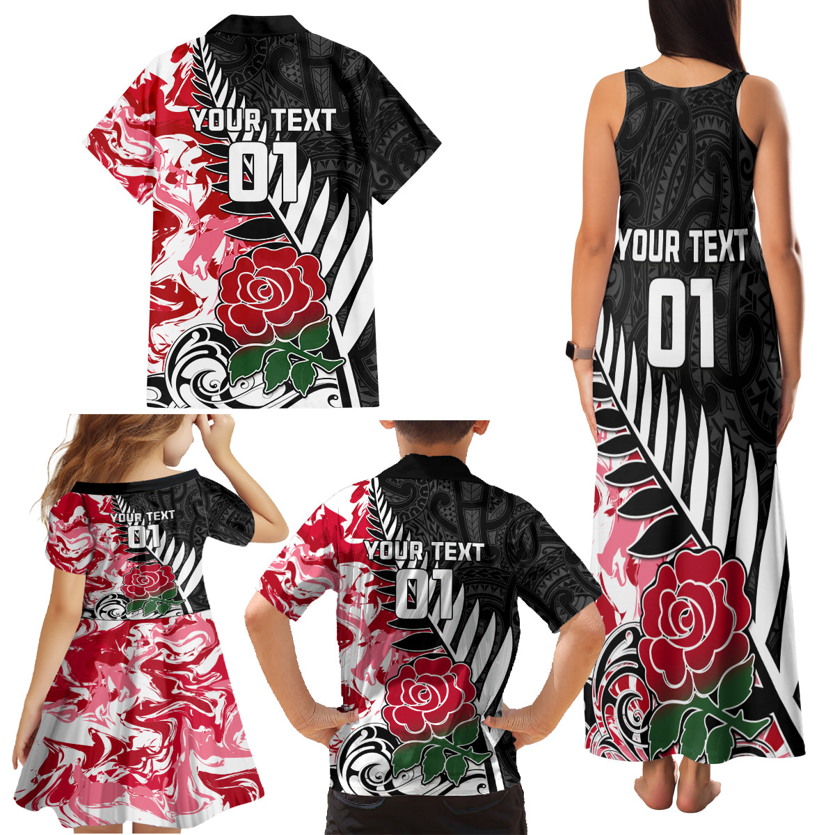 Custom New Zealand and England Rugby Family Matching Tank Maxi Dress and Hawaiian Shirt Silver Fern With Red Rose World Cup 2023 LT01 - Polynesian Pride