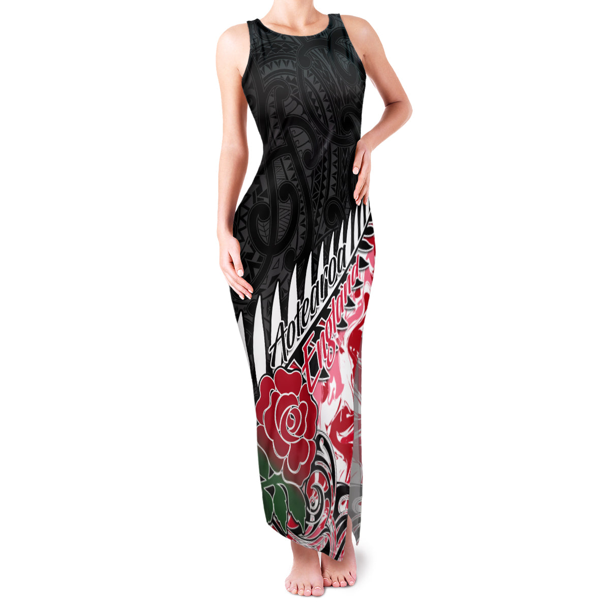 Custom New Zealand and England Rugby Family Matching Tank Maxi Dress and Hawaiian Shirt Silver Fern With Red Rose World Cup 2023 LT01 Mom's Dress Art - Polynesian Pride