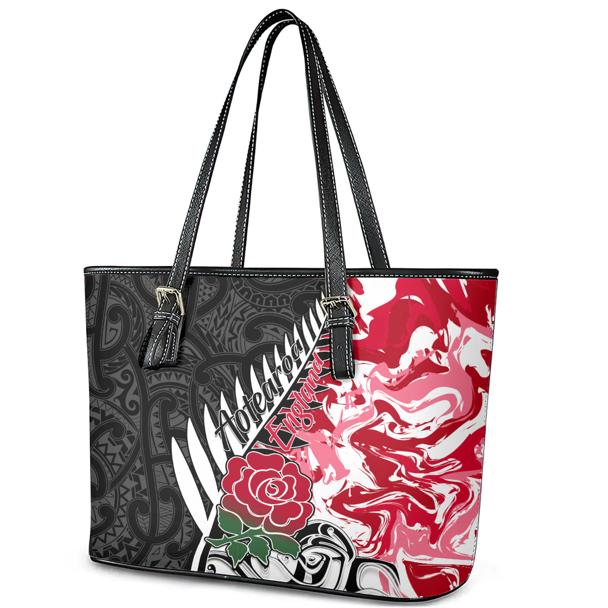 New Zealand and England Rugby Leather Tote Bag Silver Fern With Red Rose World Cup 2023 LT01 - Polynesian Pride