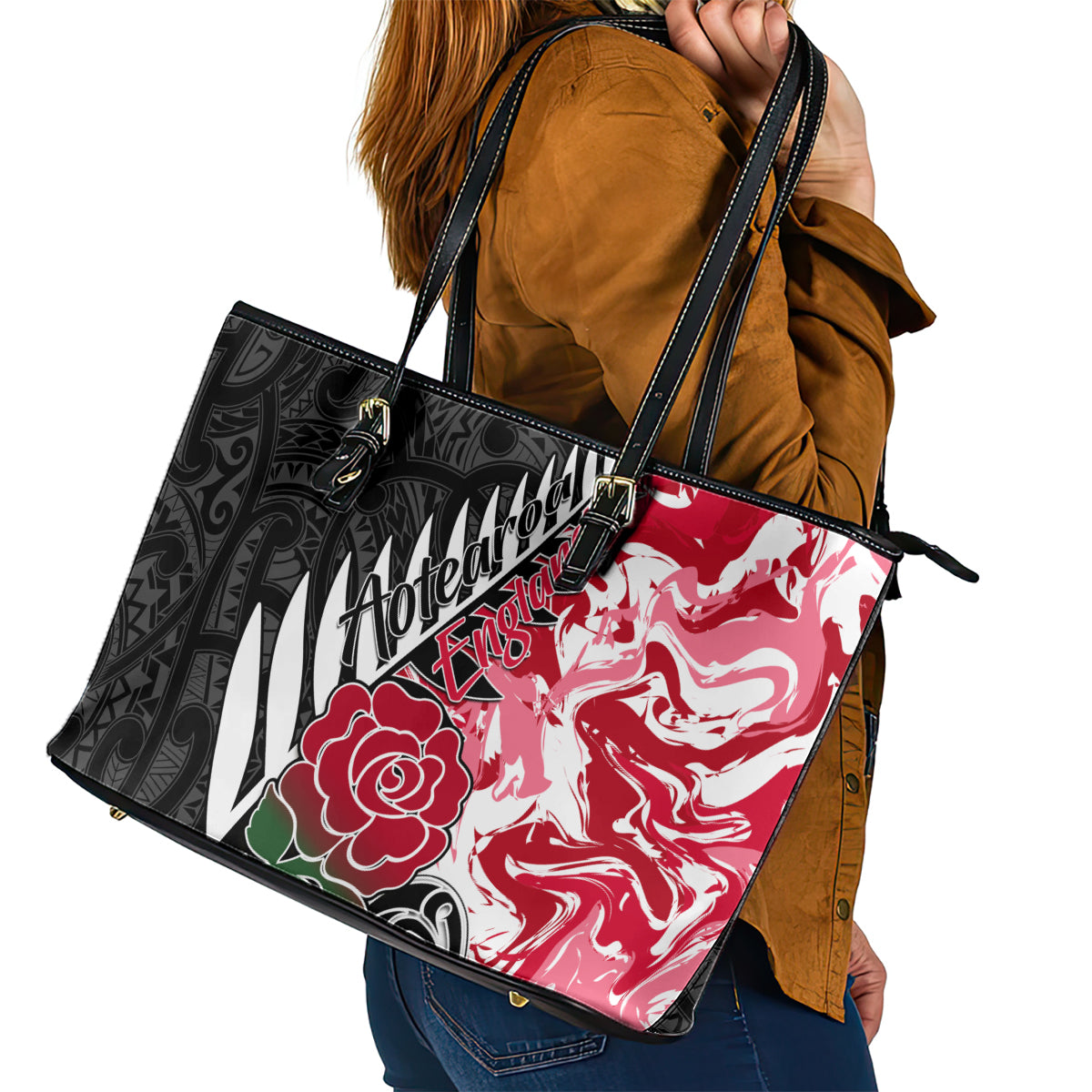 New Zealand and England Rugby Leather Tote Bag Silver Fern With Red Rose World Cup 2023 LT01 - Polynesian Pride
