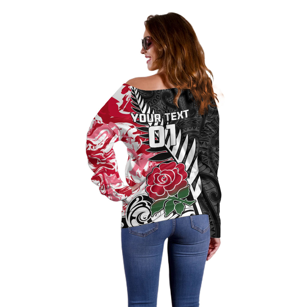 Custom New Zealand and England Rugby Off Shoulder Sweater Silver Fern With Red Rose World Cup 2023 LT01 - Polynesian Pride