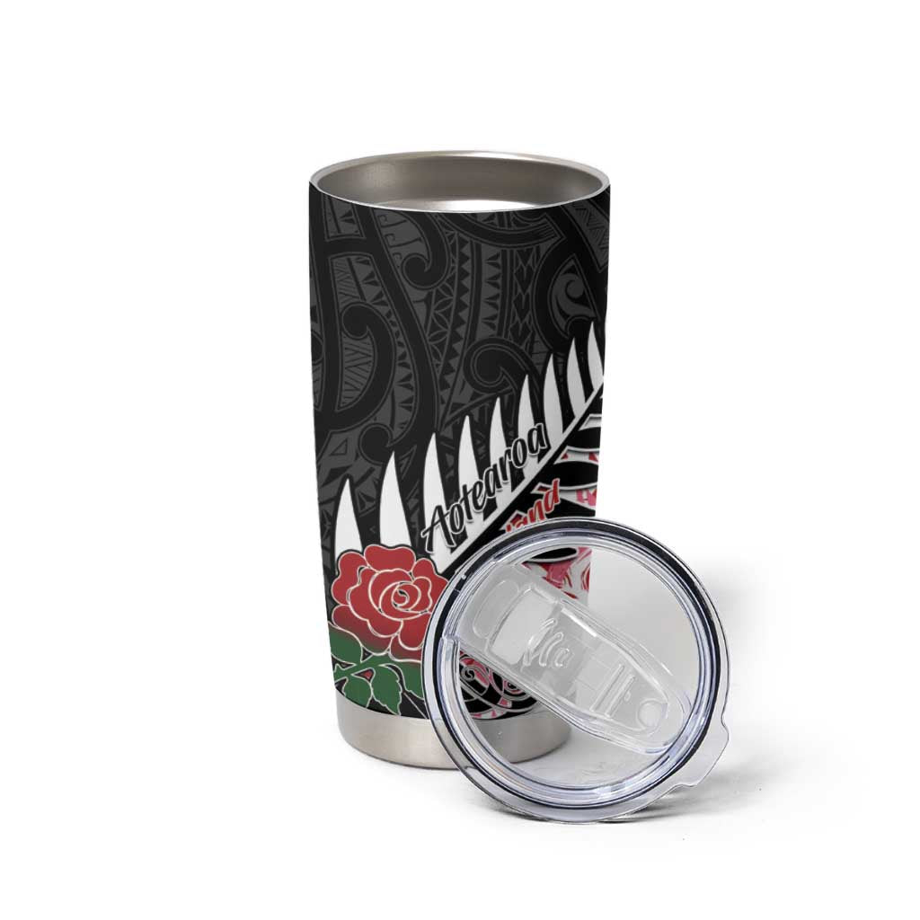 New Zealand and England Rugby Tumbler Cup Silver Fern With Red Rose