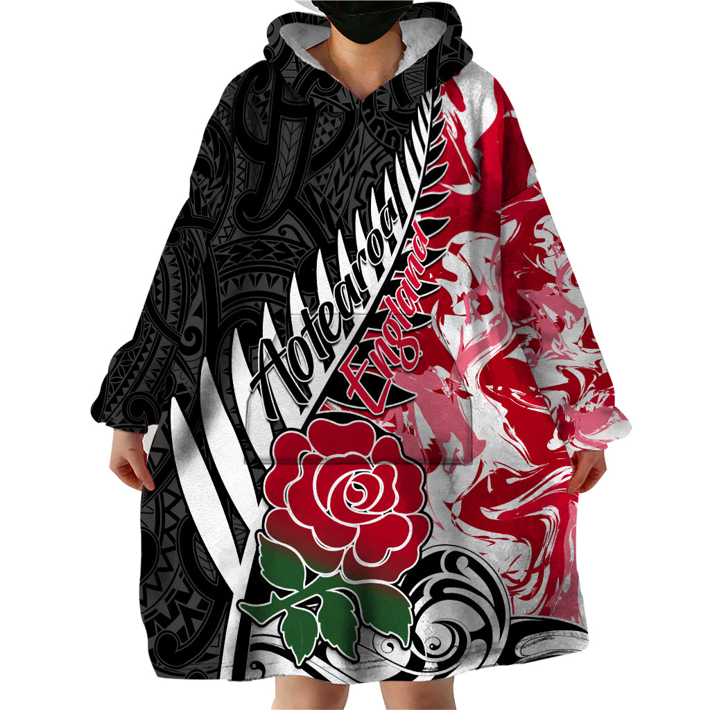 Custom New Zealand and England Rugby Wearable Blanket Hoodie Silver Fern With Red Rose World Cup 2023 LT01 - Polynesian Pride