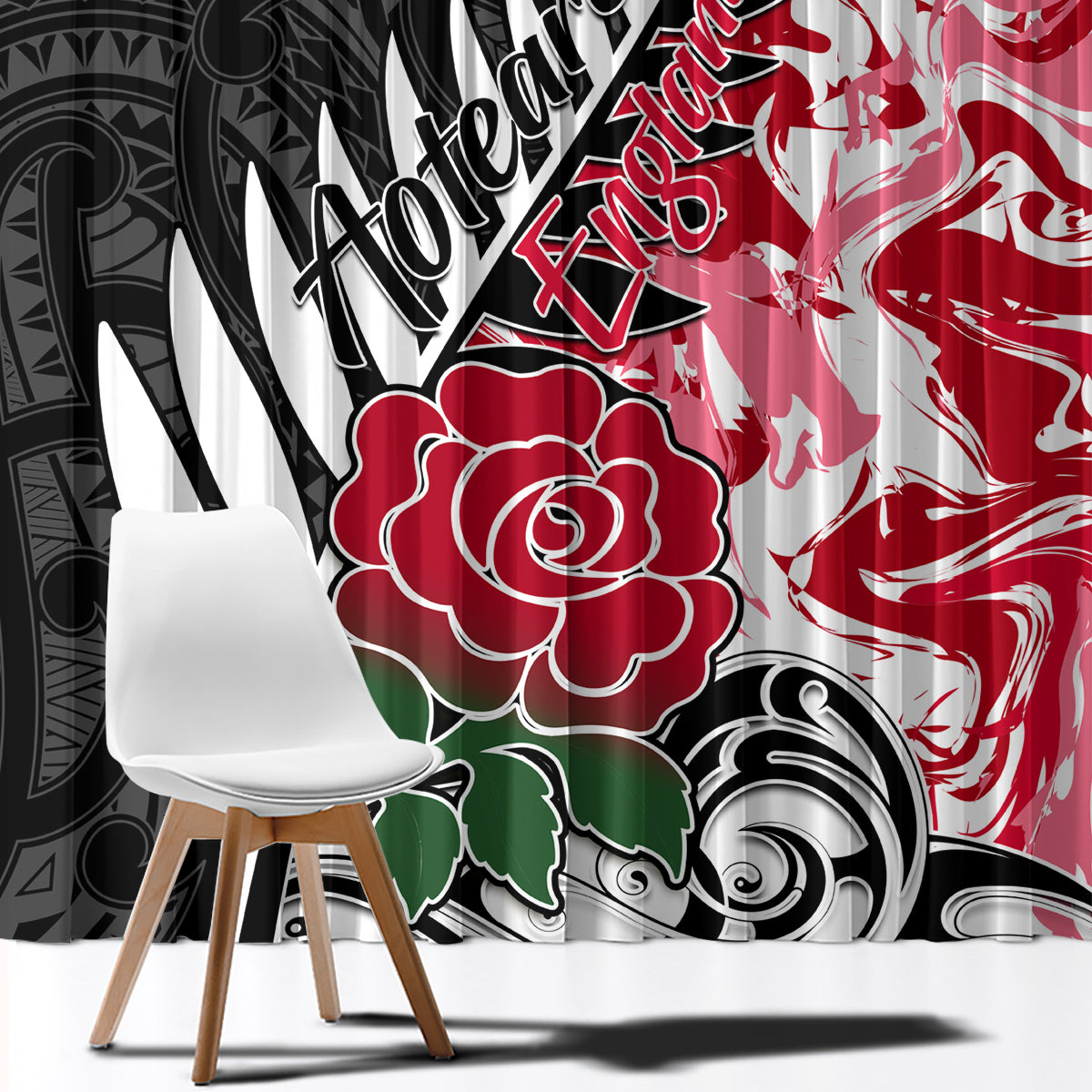 New Zealand and England Rugby Window Curtain Silver Fern With Red Rose World Cup 2023 LT01 - Polynesian Pride