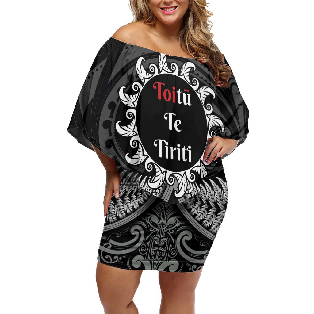 Personalised Toitu Te Tiriti Aotearoa Silver Fern Off Shoulder Short Dress New Zealand Maori Pattern LT01 Women Black - Polynesian Pride