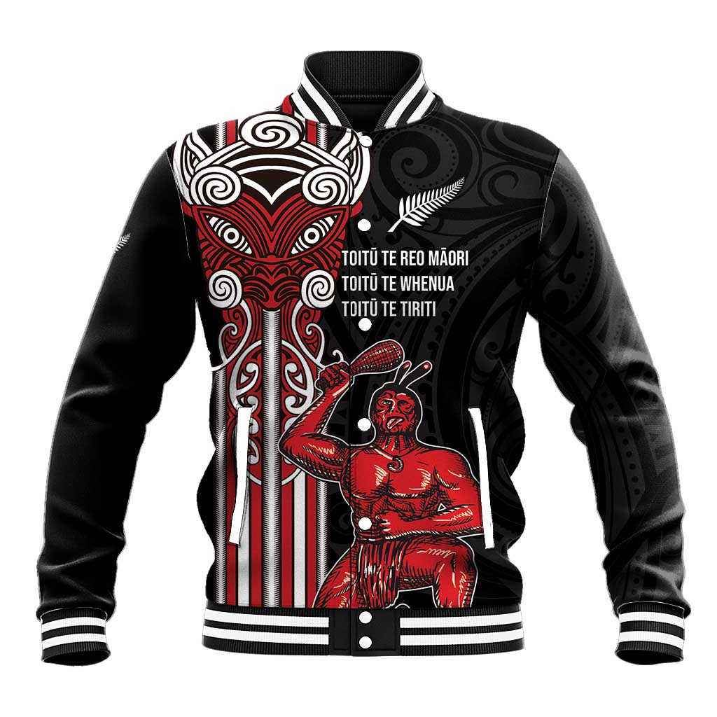 Toitu Te Reo Maori Toitu Te Whenua Toitu Te Tiriti Baseball Jacket Maori Warrior New Zealand LT01 Unisex Black - Polynesian Pride