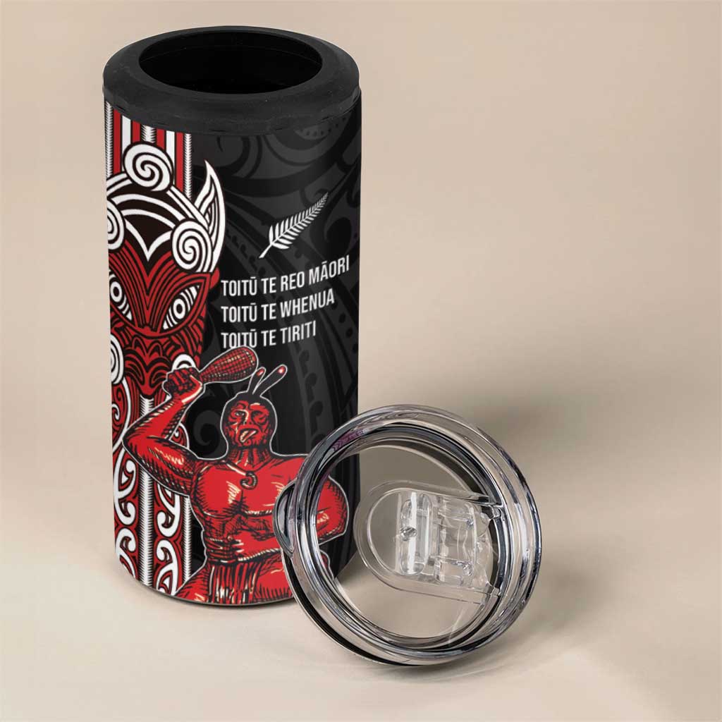 Toitu Te Reo Maori Toitu Te Whenua Toitu Te Tiriti 4 in 1 Can Cooler Tumbler Maori Warrior