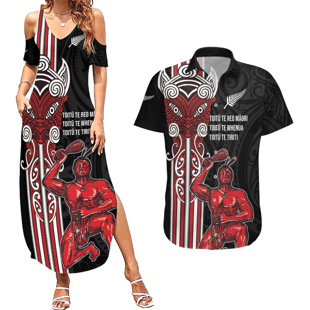 Toitu Te Reo Maori Toitu Te Whenua Toitu Te Tiriti Couples Matching Summer Maxi Dress and Hawaiian Shirt Maori Warrior New Zealand