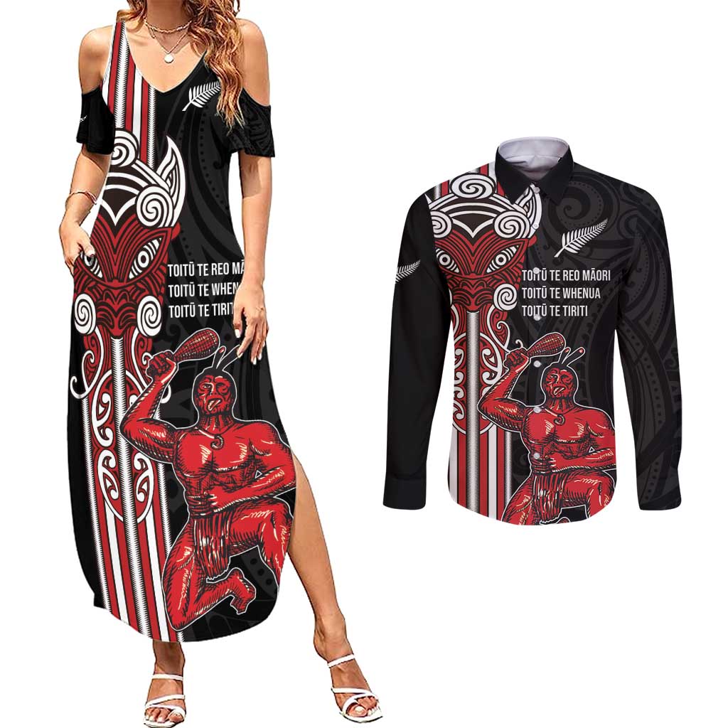Toitu Te Reo Maori Toitu Te Whenua Toitu Te Tiriti Couples Matching Summer Maxi Dress and Long Sleeve Button Shirt Maori Warrior New Zealand LT01 Black - Polynesian Pride