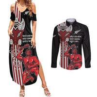Toitu Te Reo Maori Toitu Te Whenua Toitu Te Tiriti Couples Matching Summer Maxi Dress and Long Sleeve Button Shirt Maori Warrior New Zealand LT01 Black - Polynesian Pride
