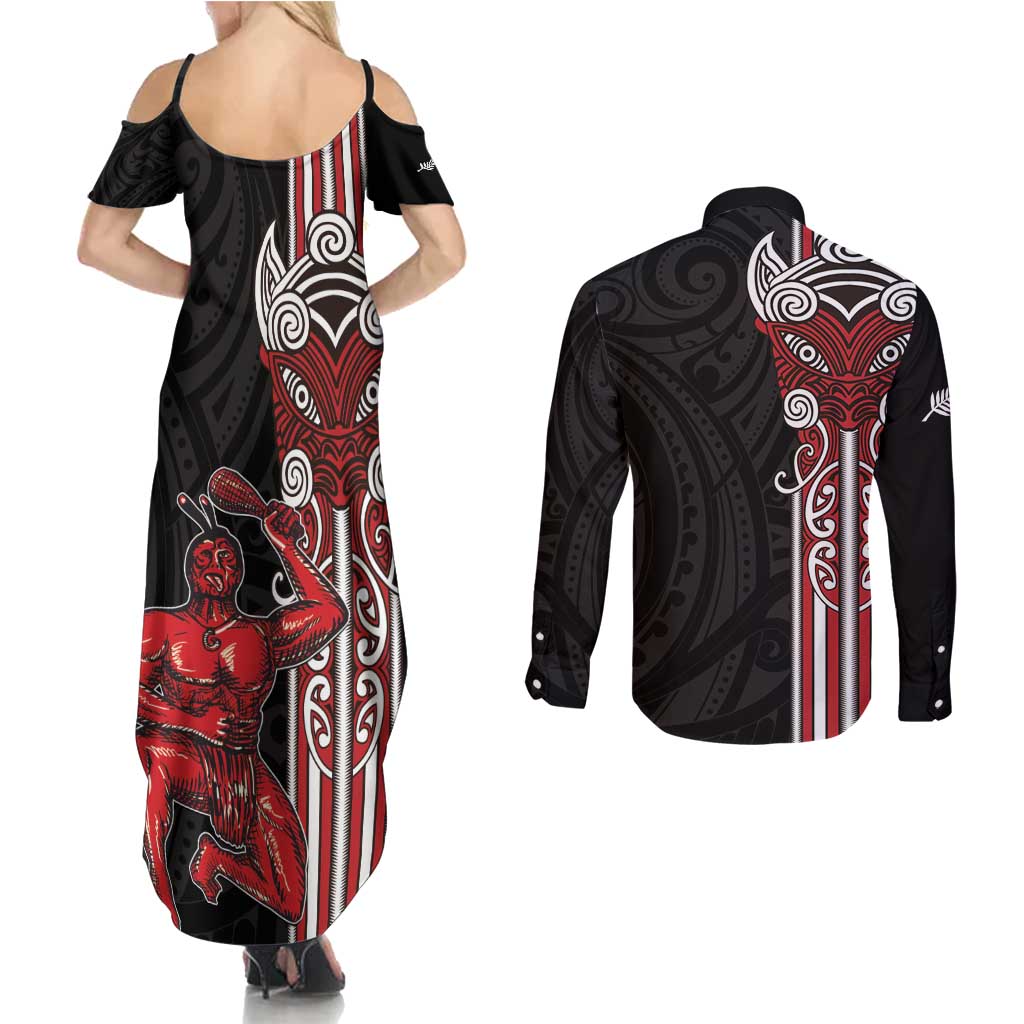 Toitu Te Reo Maori Toitu Te Whenua Toitu Te Tiriti Couples Matching Summer Maxi Dress and Long Sleeve Button Shirt Maori Warrior New Zealand LT01 - Polynesian Pride
