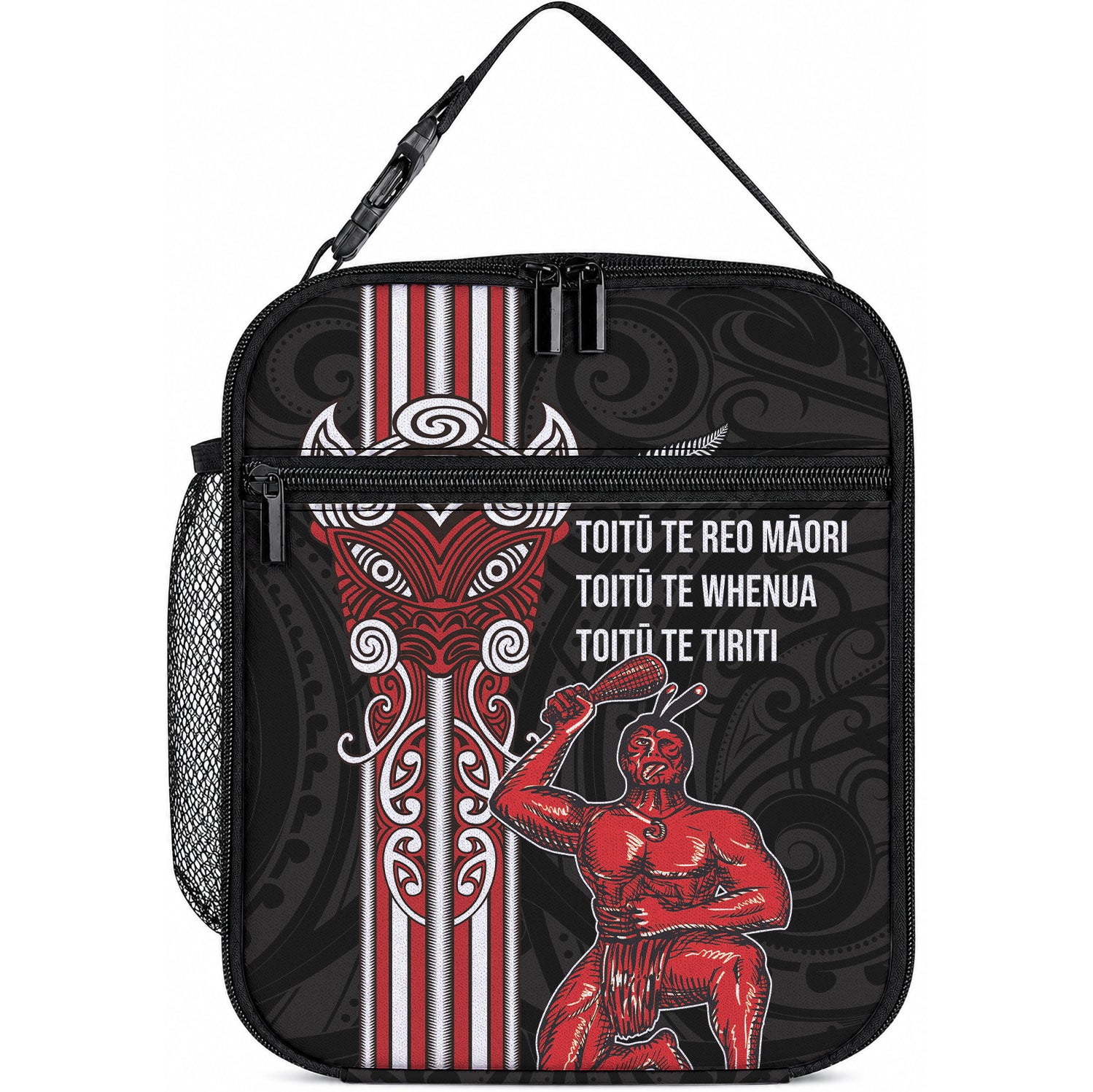 Toitu Te Reo Maori Toitu Te Whenua Toitu Te Tiriti Lunch Bag Maori Warrior New Zealand LT01 10.2 × 8.3 × 4.3 inch Black - Polynesian Pride