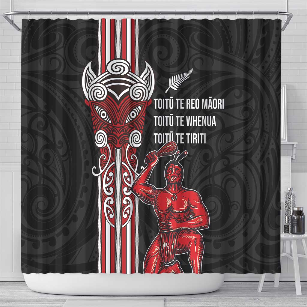Toitu Te Reo Maori Toitu Te Whenua Toitu Te Tiriti Shower Curtain Maori Warrior New Zealand