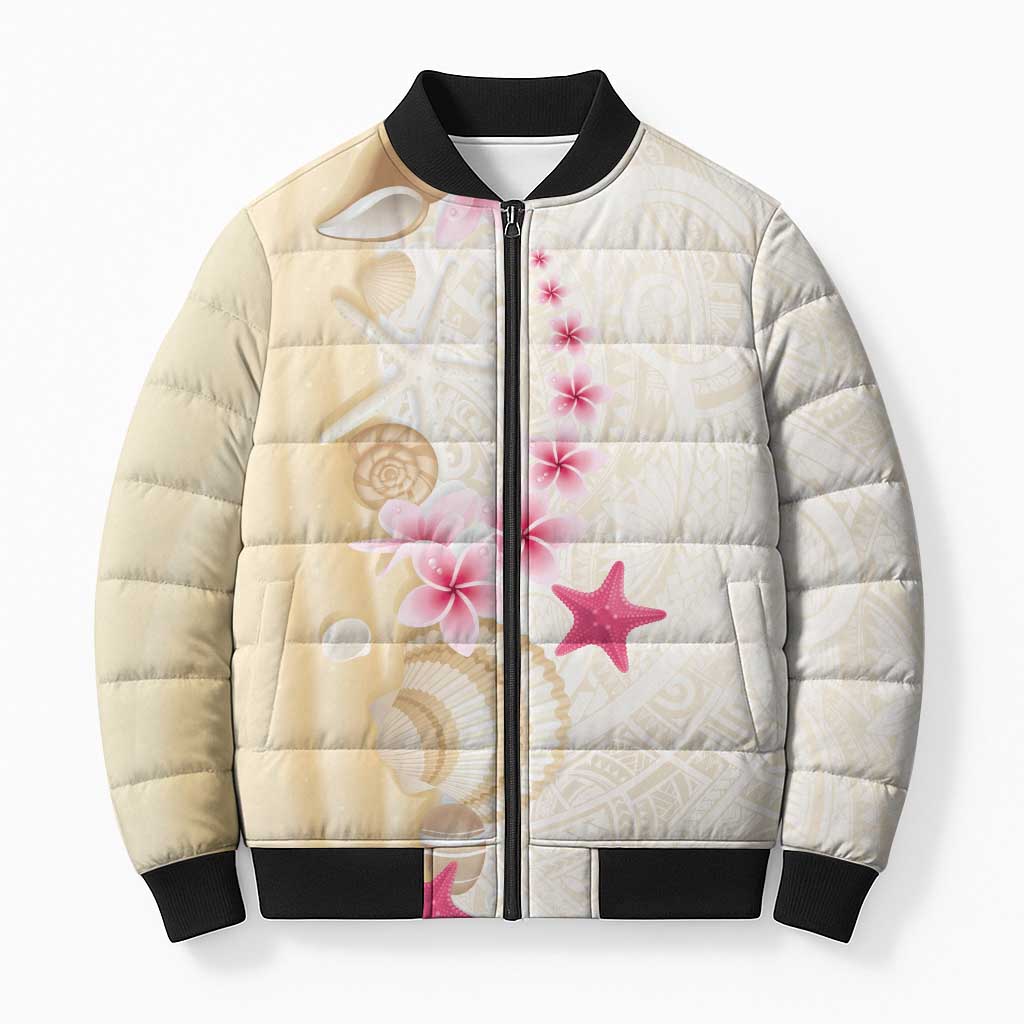 Beige Frangipani Sea Shell Bomber Puffer Jacket Starfish Polynesian Pattern - Polynesian Pride
