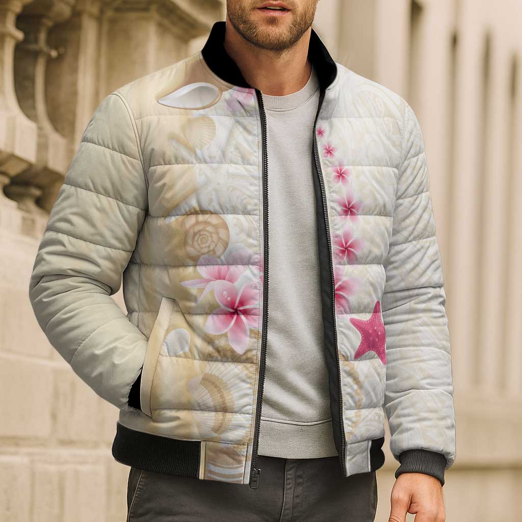Beige Frangipani Sea Shell Bomber Puffer Jacket Starfish Polynesian Pattern - Polynesian Pride
