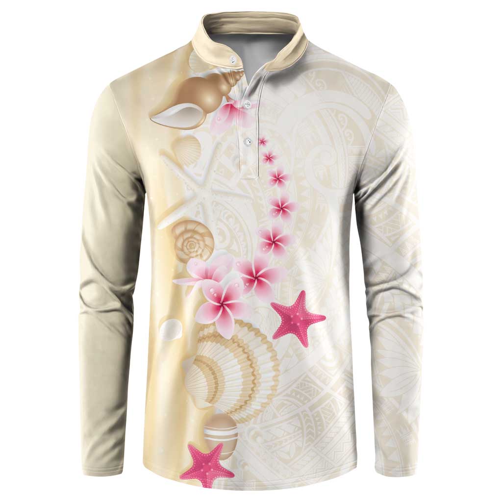 Beige Frangipani Sea Shell Button Sweatshirt Starfish Polynesian Pattern - Polynesian Pride