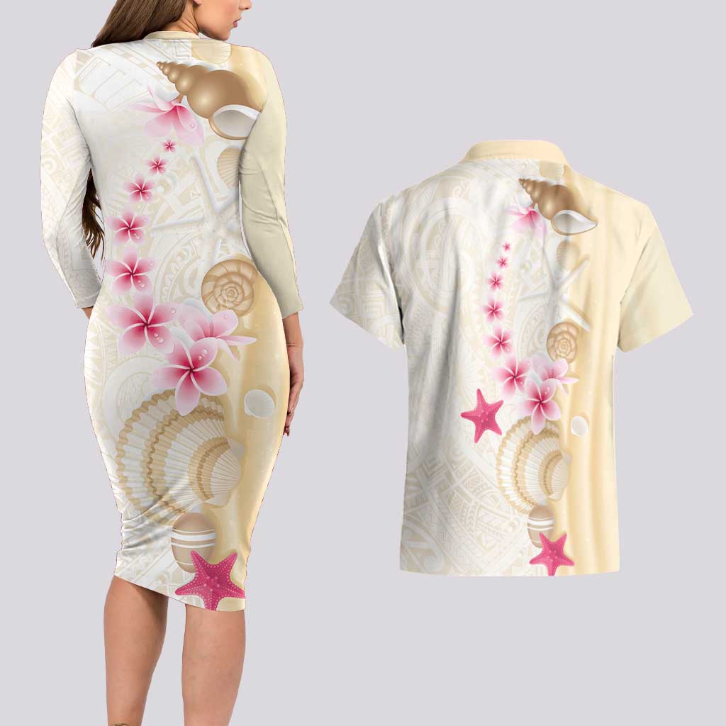 Beige Frangipani Sea Shell Couples Matching Long Sleeve Bodycon Dress and Hawaiian Shirt Starfish Polynesian Pattern - Polynesian Pride