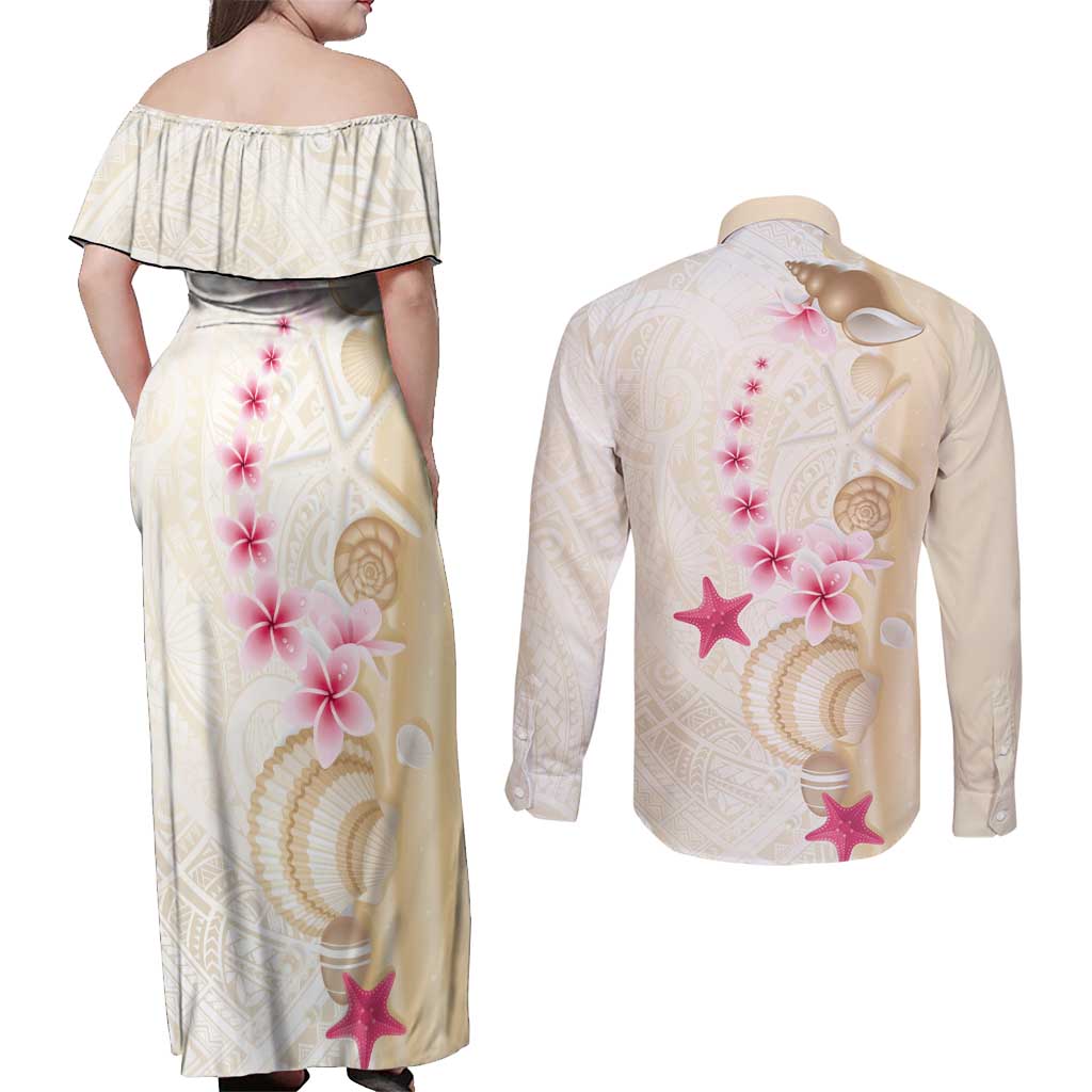 Beige Frangipani Sea Shell Couples Matching Off Shoulder Maxi Dress and Long Sleeve Button Shirt Starfish Polynesian Pattern - Polynesian Pride
