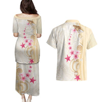 Beige Frangipani Sea Shell Couples Matching Puletasi and Hawaiian Shirt Starfish Polynesian Pattern - Polynesian Pride