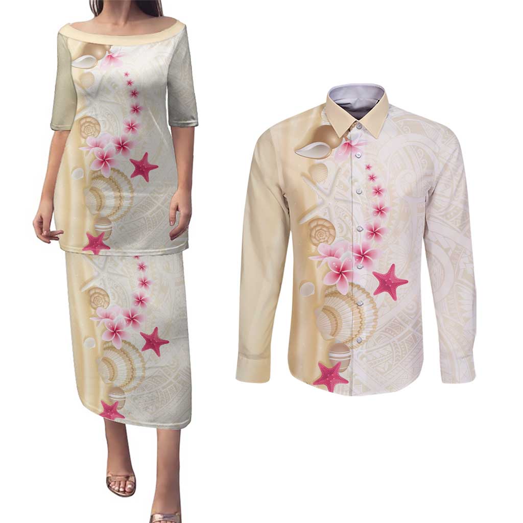 Beige Frangipani Sea Shell Couples Matching Puletasi and Long Sleeve Button Shirt Starfish Polynesian Pattern - Polynesian Pride
