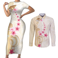 Beige Frangipani Sea Shell Couples Matching Short Sleeve Bodycon Dress and Long Sleeve Button Shirt Starfish Polynesian Pattern - Polynesian Pride