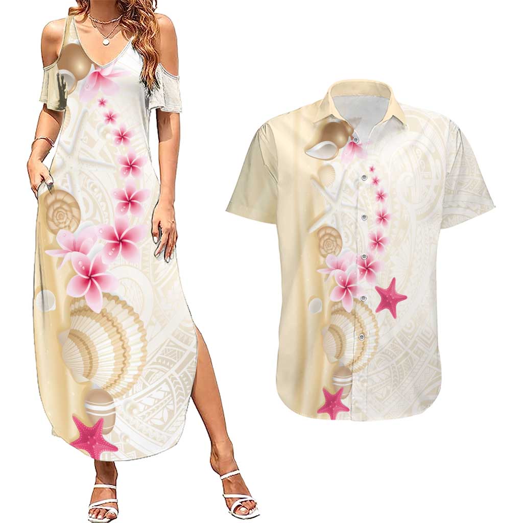 Beige Frangipani Sea Shell Couples Matching Summer Maxi Dress and Hawaiian Shirt Starfish Polynesian Pattern - Polynesian Pride