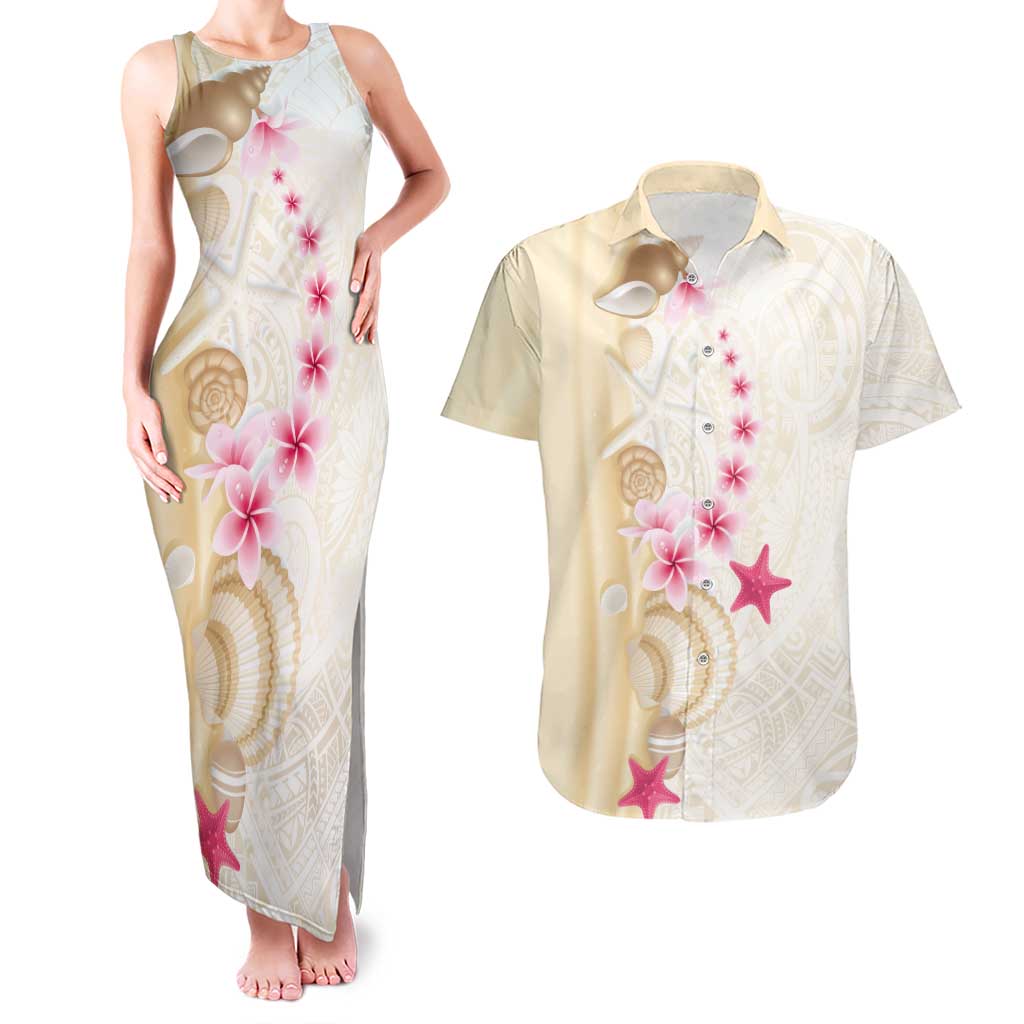 Beige Frangipani Sea Shell Couples Matching Tank Maxi Dress and Hawaiian Shirt Starfish Polynesian Pattern - Polynesian Pride
