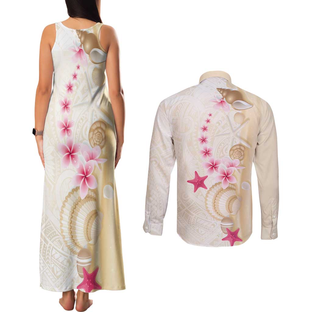 Beige Frangipani Sea Shell Couples Matching Tank Maxi Dress and Long Sleeve Button Shirt Starfish Polynesian Pattern - Polynesian Pride