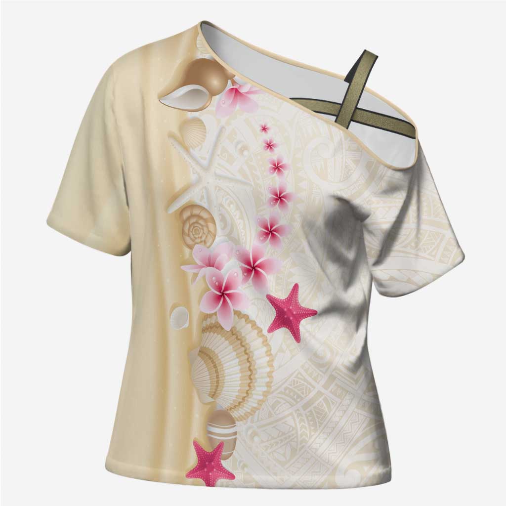 Beige Frangipani Sea Shell Cross Shoulder Shirt Starfish Polynesian Pattern - Polynesian Pride