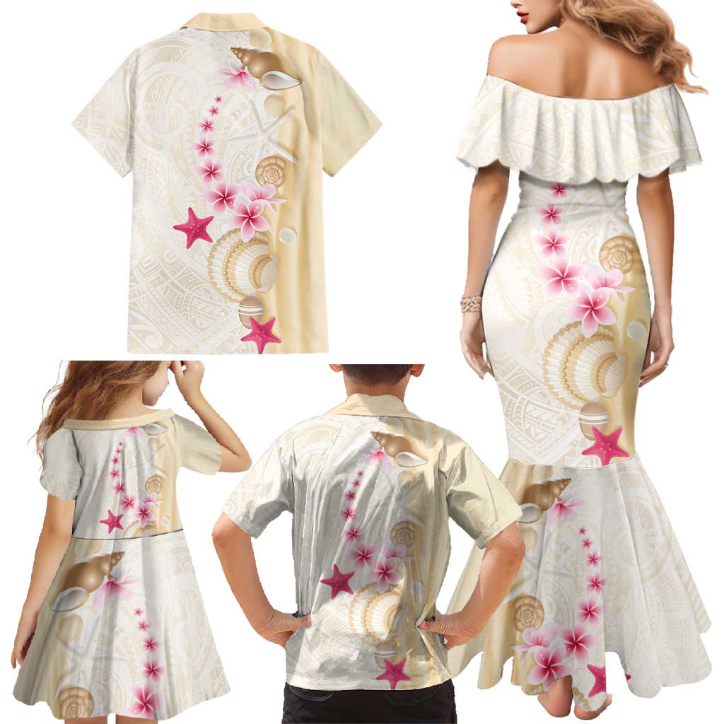 Beige Frangipani Sea Shell Family Matching Mermaid Dress and Hawaiian Shirt Starfish Polynesian Pattern - Polynesian Pride