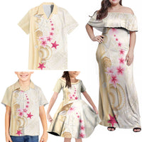 Beige Frangipani Sea Shell Family Matching Off Shoulder Maxi Dress and Hawaiian Shirt Starfish Polynesian Pattern - Polynesian Pride