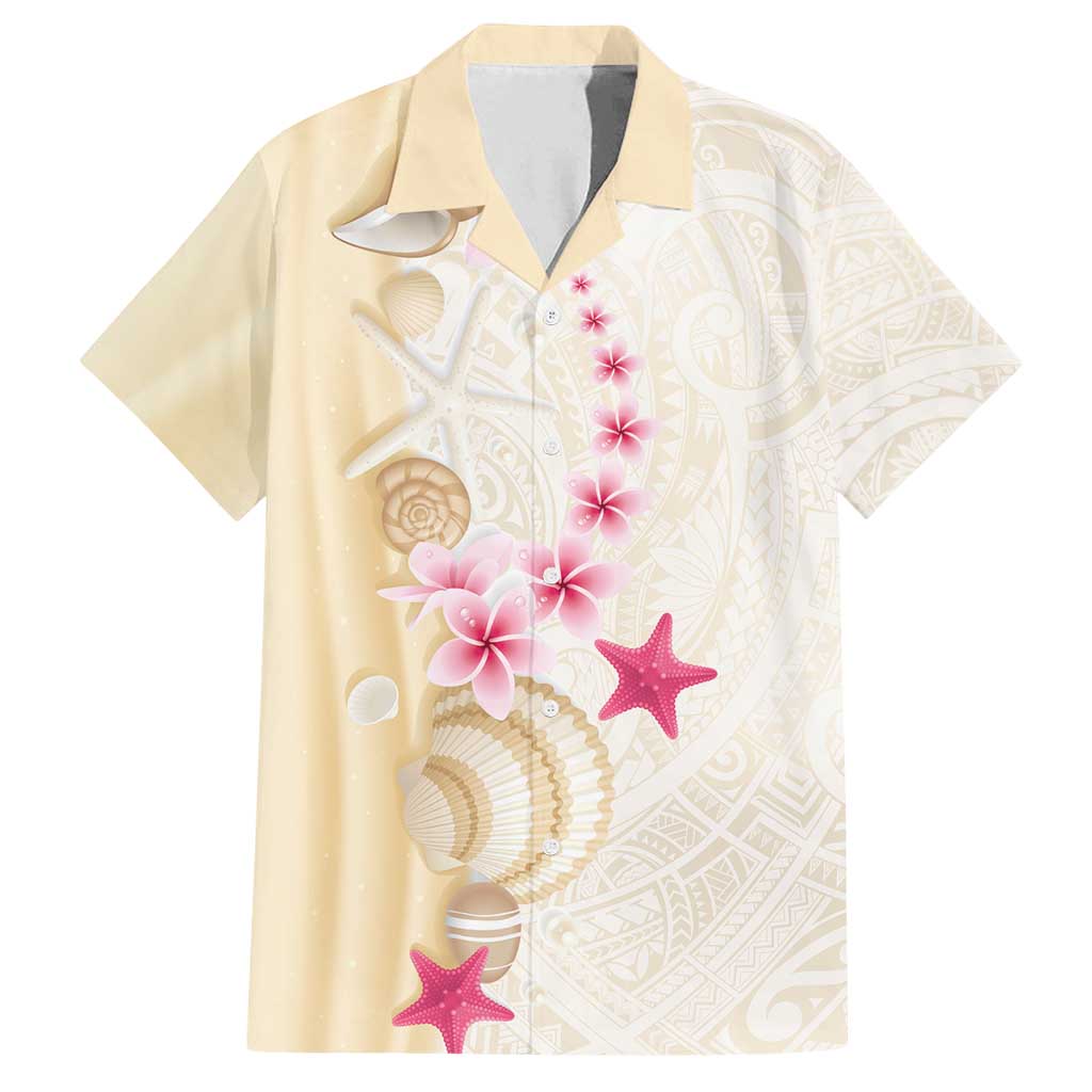 Beige Frangipani Sea Shell Family Matching Off Shoulder Maxi Dress and Hawaiian Shirt Starfish Polynesian Pattern - Polynesian Pride