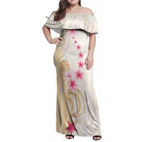Beige Frangipani Sea Shell Family Matching Off Shoulder Maxi Dress and Hawaiian Shirt Starfish Polynesian Pattern - Polynesian Pride