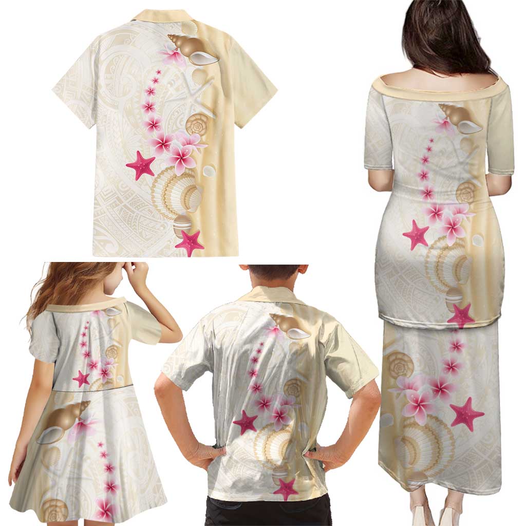 Beige Frangipani Sea Shell Family Matching Puletasi and Hawaiian Shirt Starfish Polynesian Pattern - Polynesian Pride