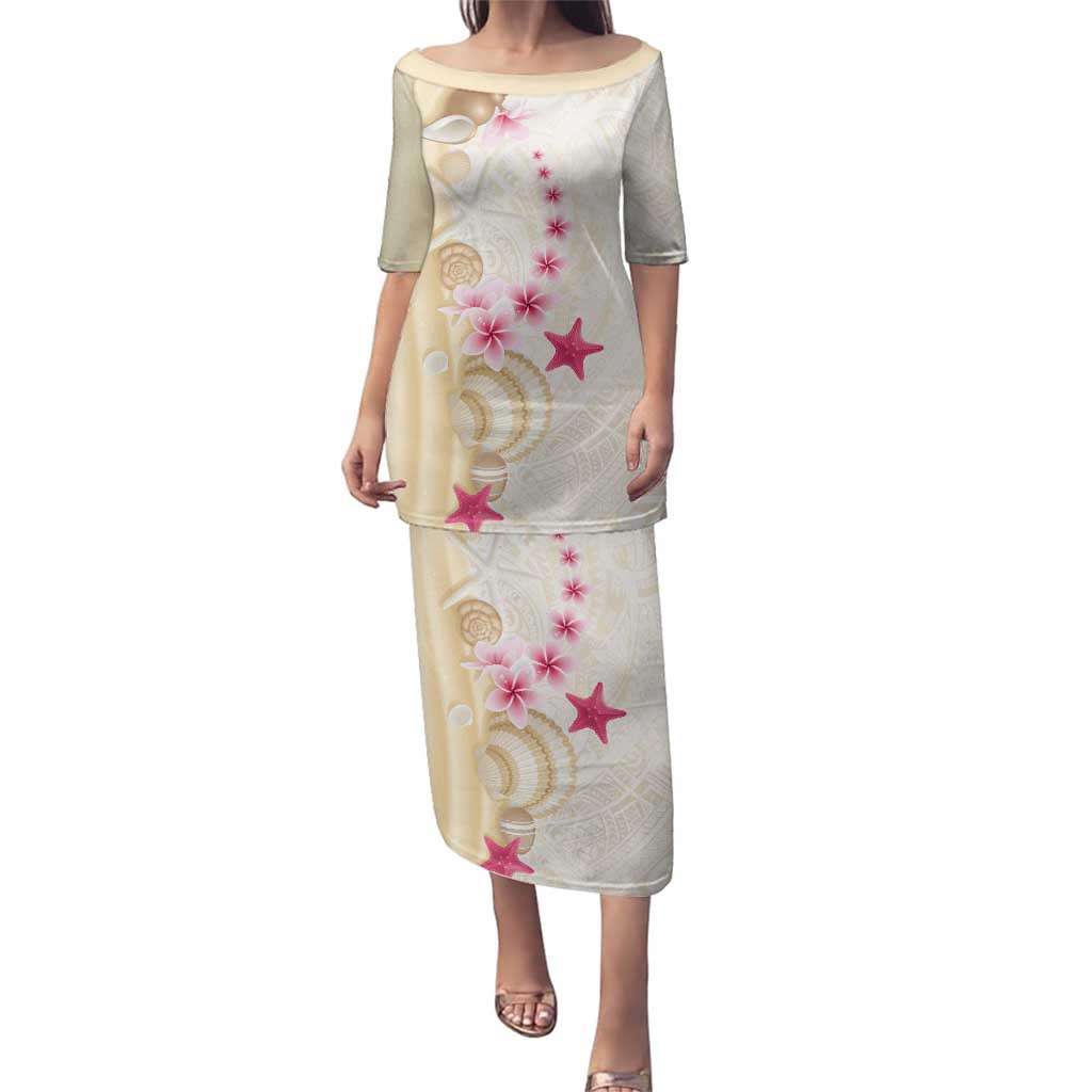 Beige Frangipani Sea Shell Family Matching Puletasi and Hawaiian Shirt Starfish Polynesian Pattern - Polynesian Pride
