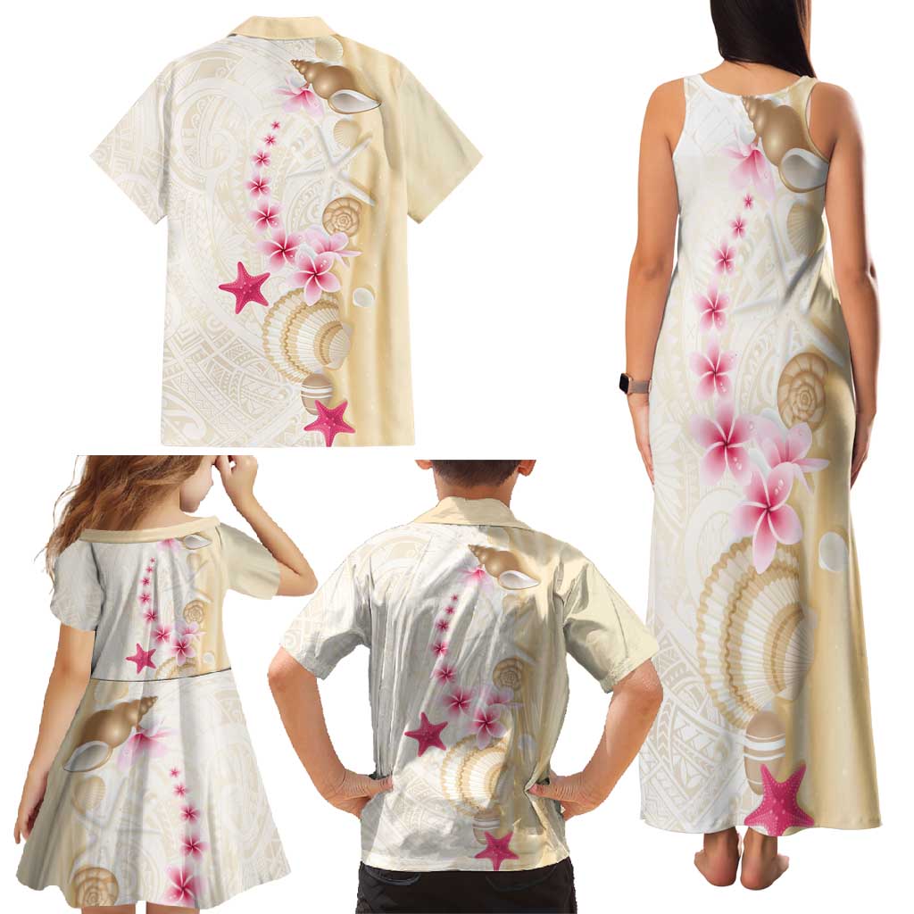 Beige Frangipani Sea Shell Family Matching Tank Maxi Dress and Hawaiian Shirt Starfish Polynesian Pattern - Polynesian Pride