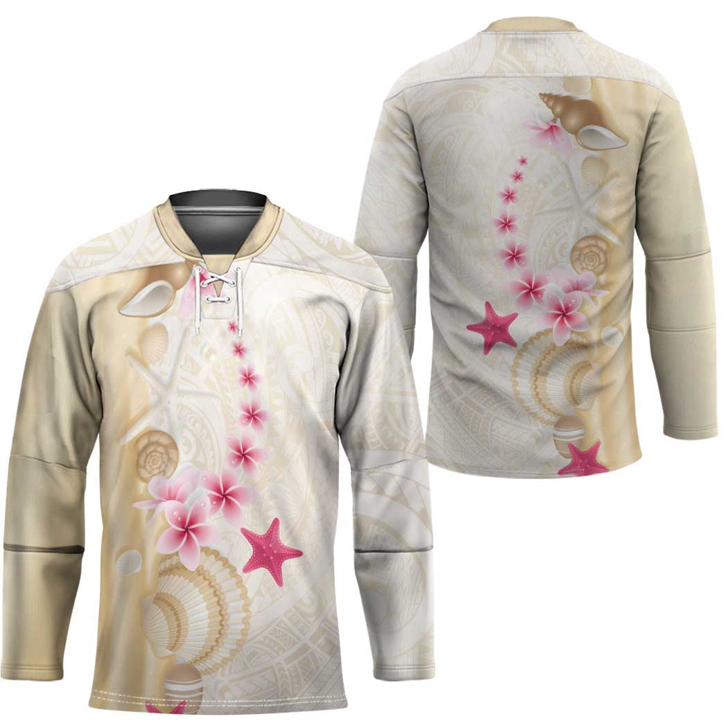 Beige Frangipani Sea Shell Hockey Jersey Starfish Polynesian Pattern - Polynesian Pride