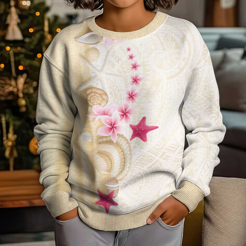 Beige Frangipani Sea Shell Kid Ugly Christmas Sweater Starfish Polynesian Pattern - Polynesian Pride