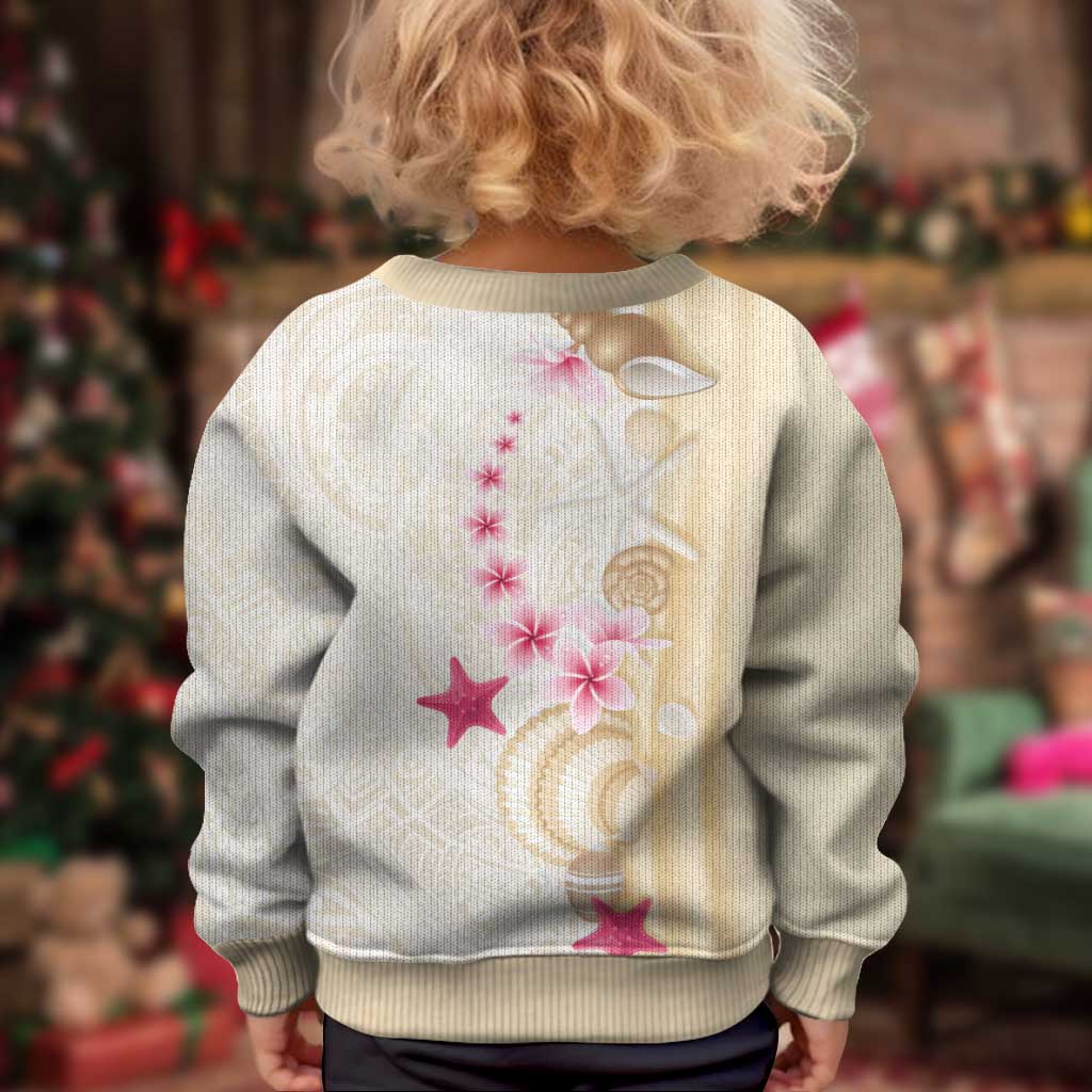 Beige Frangipani Sea Shell Kid Ugly Christmas Sweater Starfish Polynesian Pattern - Polynesian Pride