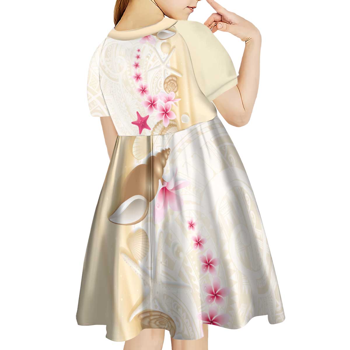 Beige Frangipani Sea Shell Kid Short Sleeve Dress Starfish Polynesian Pattern - Polynesian Pride
