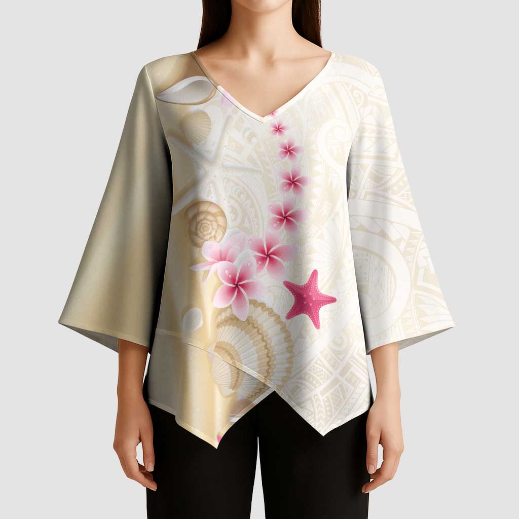 Beige Frangipani Sea Shell Kimono Sleeve Blouse Starfish Polynesian Pattern - Polynesian Pride