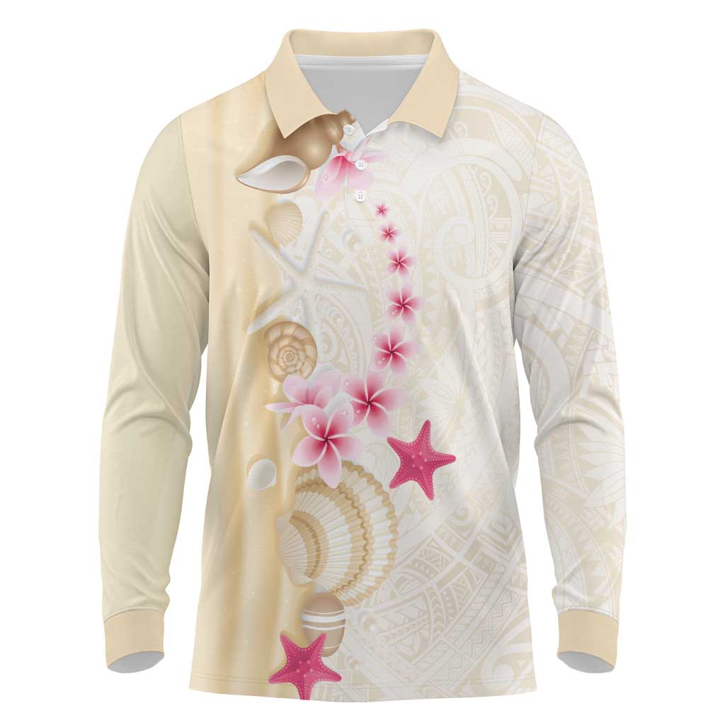 Beige Frangipani Sea Shell Long Sleeve Polo Shirt Starfish Polynesian Pattern - Polynesian Pride