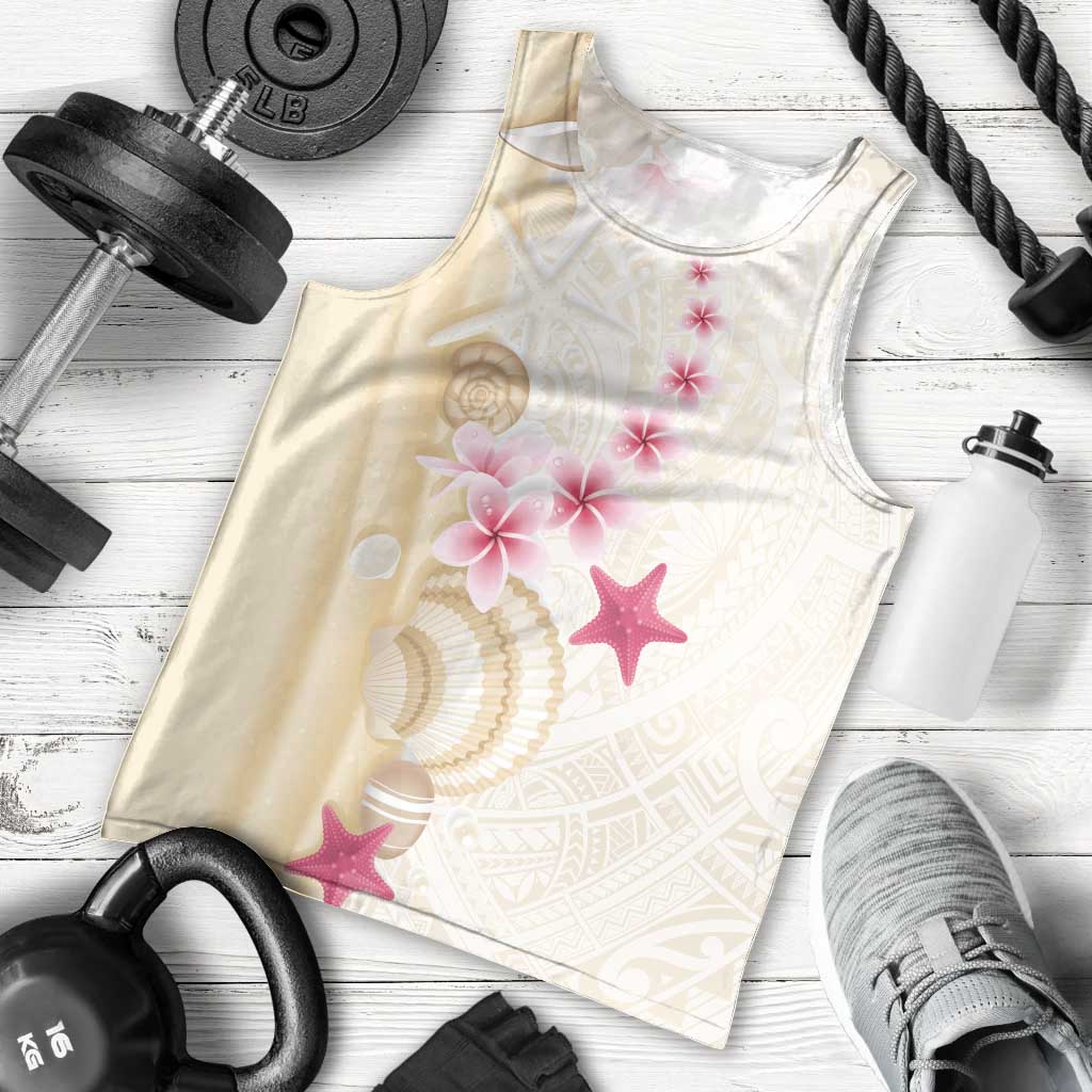 Beige Frangipani Sea Shell Men Tank Top Starfish Polynesian Pattern - Polynesian Pride