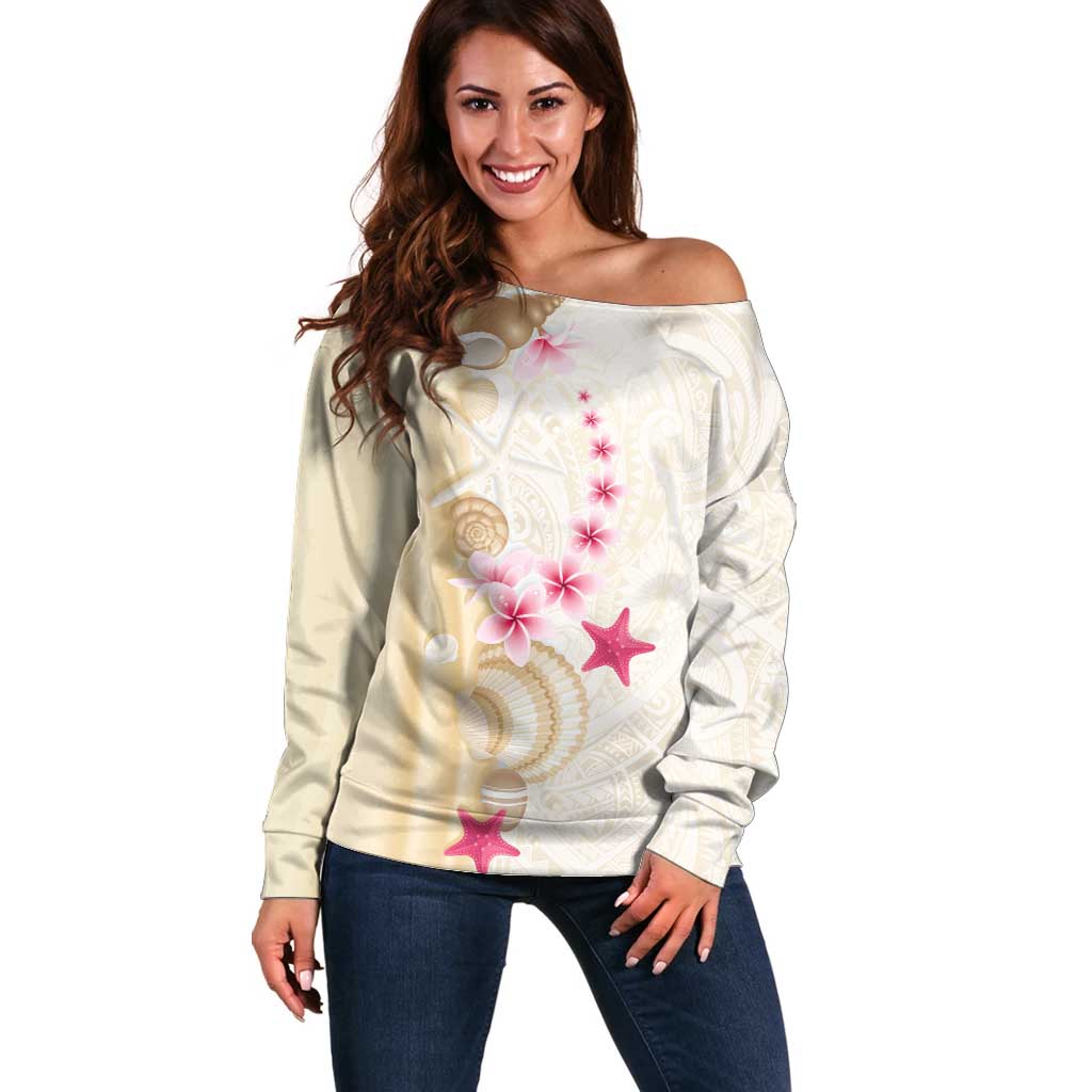 Beige Frangipani Sea Shell Off Shoulder Sweater Starfish Polynesian Pattern - Polynesian Pride
