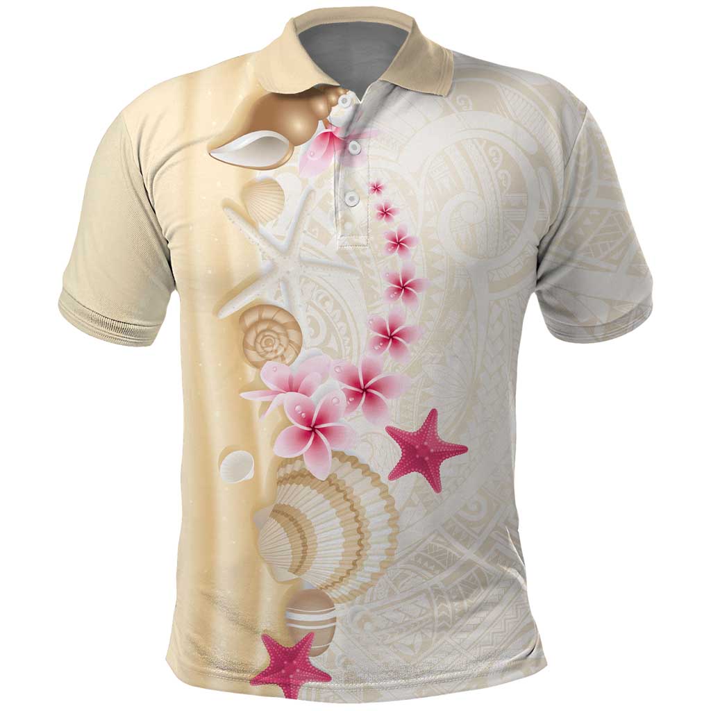 Beige Frangipani Sea Shell Polo Shirt Starfish Polynesian Pattern - Polynesian Pride