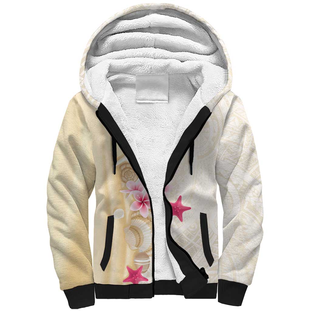 Beige Frangipani Sea Shell Sherpa Hoodie Starfish Polynesian Pattern - Polynesian Pride